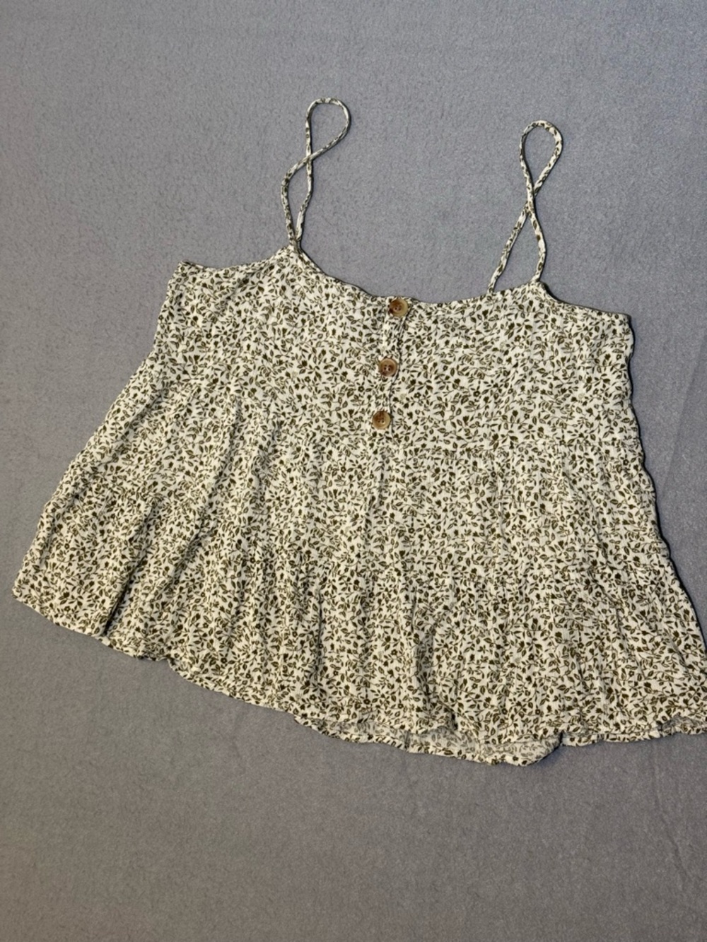 Paper Crane Top M Women White & Olive Floral Spaghetti Strap Front Button #UBJ
